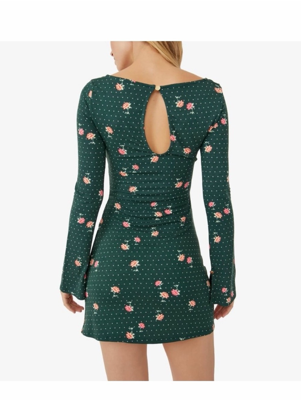Free People Dark Green Floral Long-Sleeve Keyhole Mini Dress - Picture 2 of 9